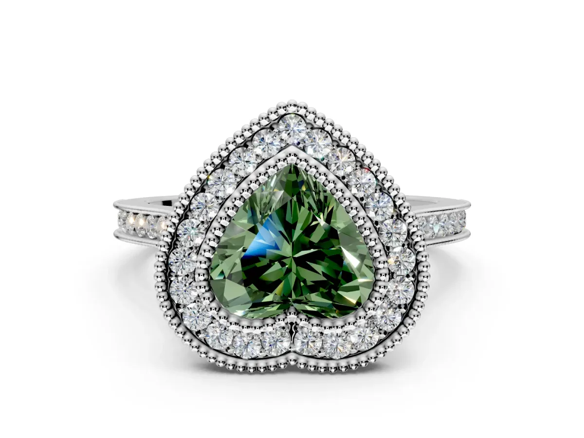 Halo Engagement Ring Setting for Fancy Green Heart-Shaped Center with Milgrain Frame, Pave Band and Prong Head in Sterling Silver