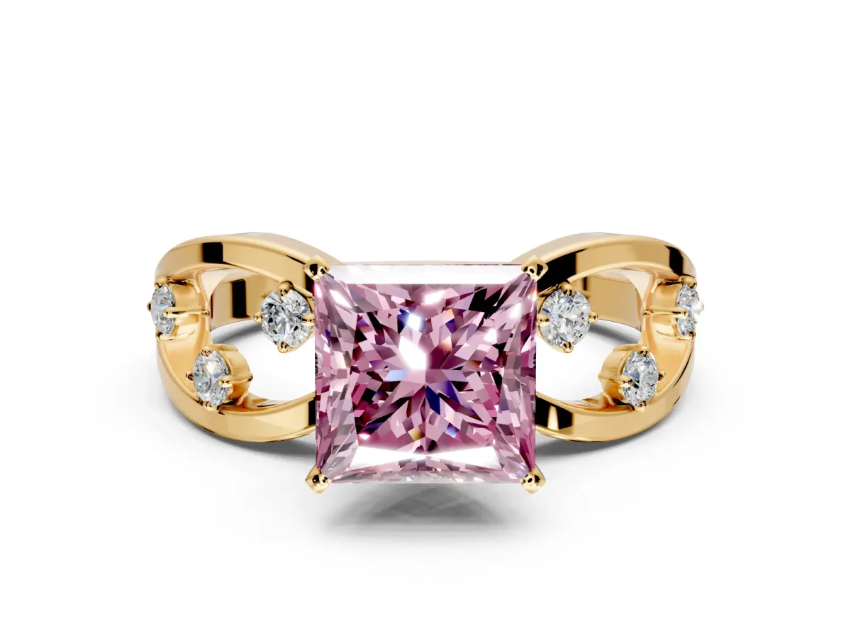Solitaire Engagement Ring Setting for Fancy Pink Princess Cut Center with Criss-Cross Accent Band and Prong Head in Yellow Gold
