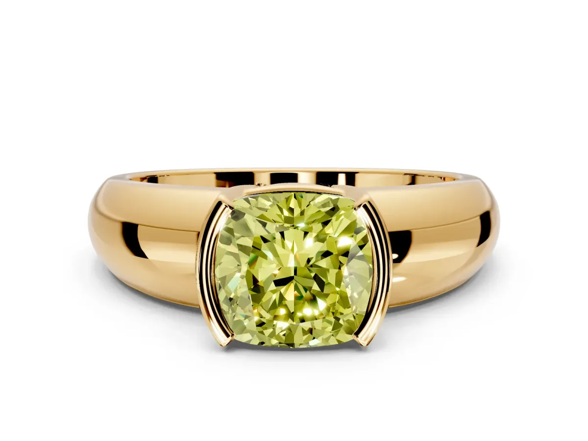 Tension Engagement Ring Setting for Fancy Yellow Cushion Cut Center with Wide Flat Band and Tension Head in Yellow Gold