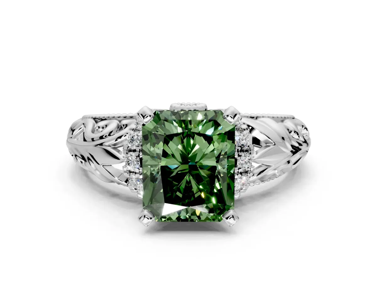 Solitaire Engagement Ring Setting for Fancy Green Radiant Cut Center with Filigree Accent Basket and Prong Head in Platinum