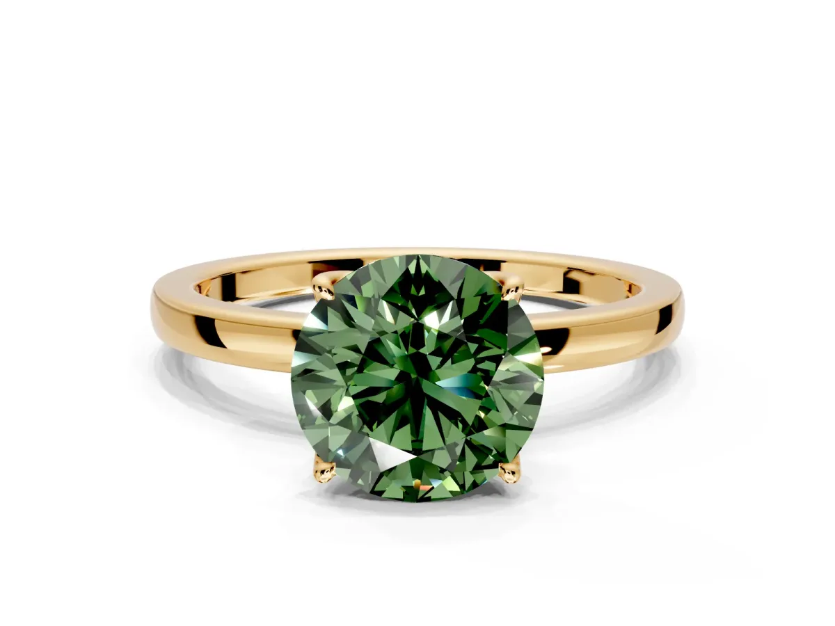 Solitaire Engagement Ring Setting for Fancy Green Round Cut Center with Thin Rounded Plain Band and Prong Head in Yellow Gold