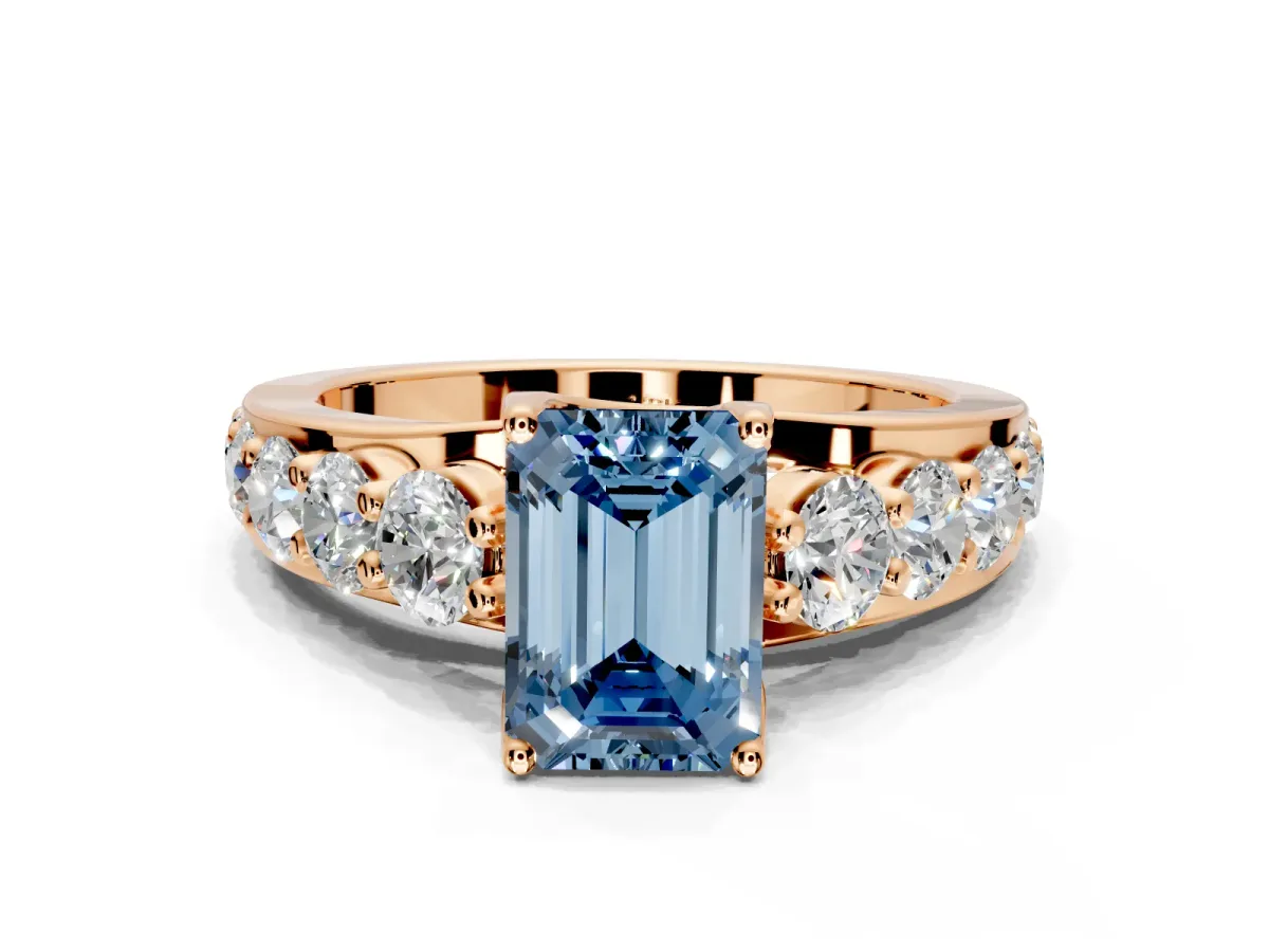 Solitaire Engagement Ring Setting for Fancy Blue Emerald Cut Center with Graduated Shared Prongs and Prong Head in Rose Gold