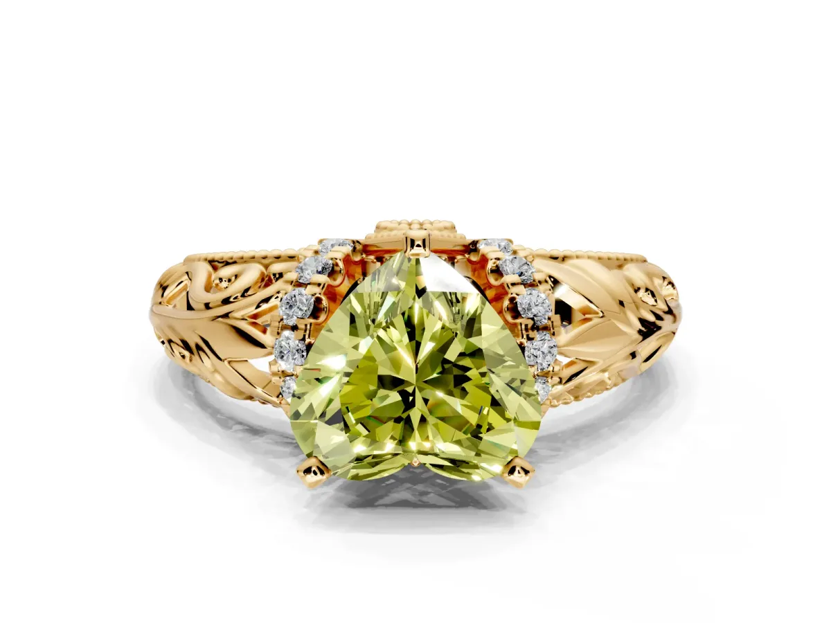 Solitaire Engagement Ring Setting for Fancy Yellow Heart-Shaped Center with Filigree Accent Basket and Prong Head in Yellow Gold