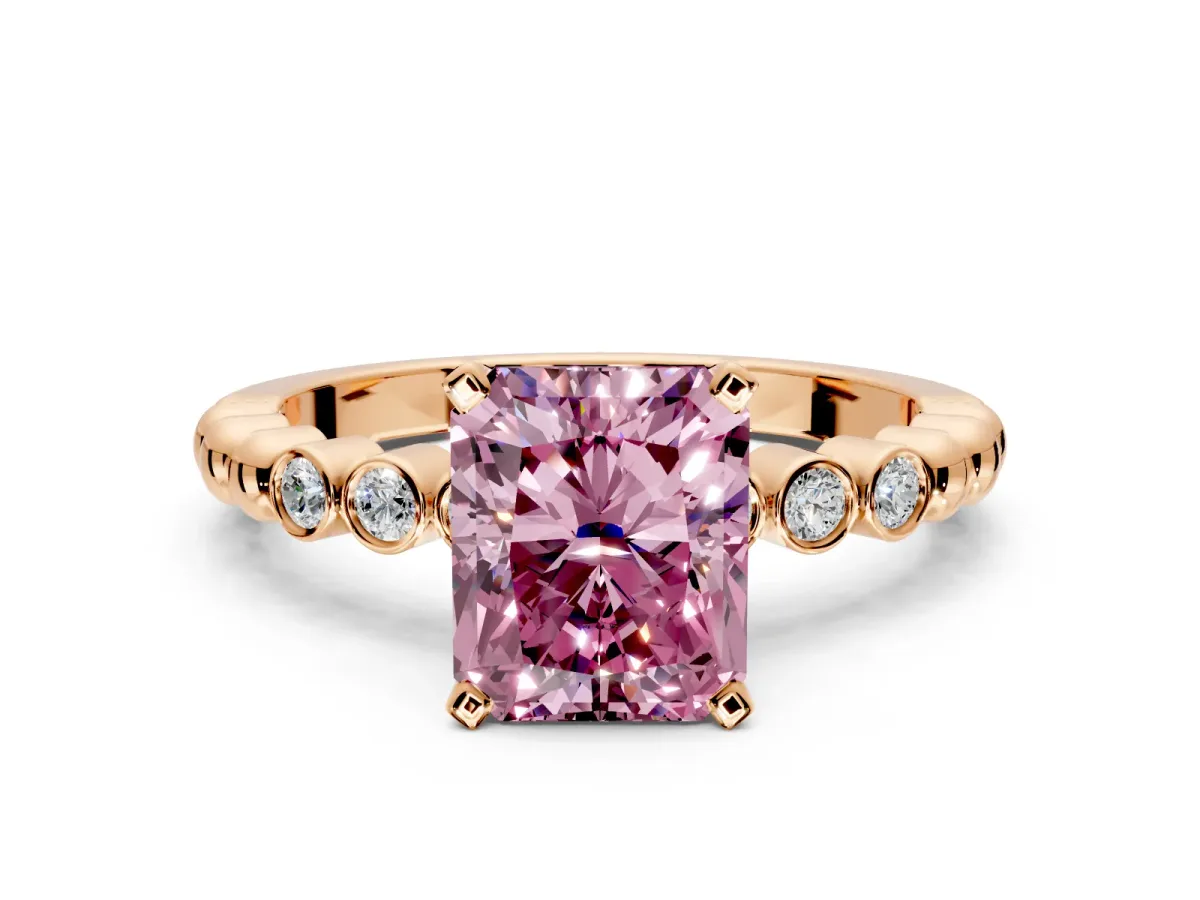 Solitaire Engagement Ring Setting for Fancy Pink Radiant Cut Center with Bezel-Dot Beaded Band and Prong Head in Rose Gold