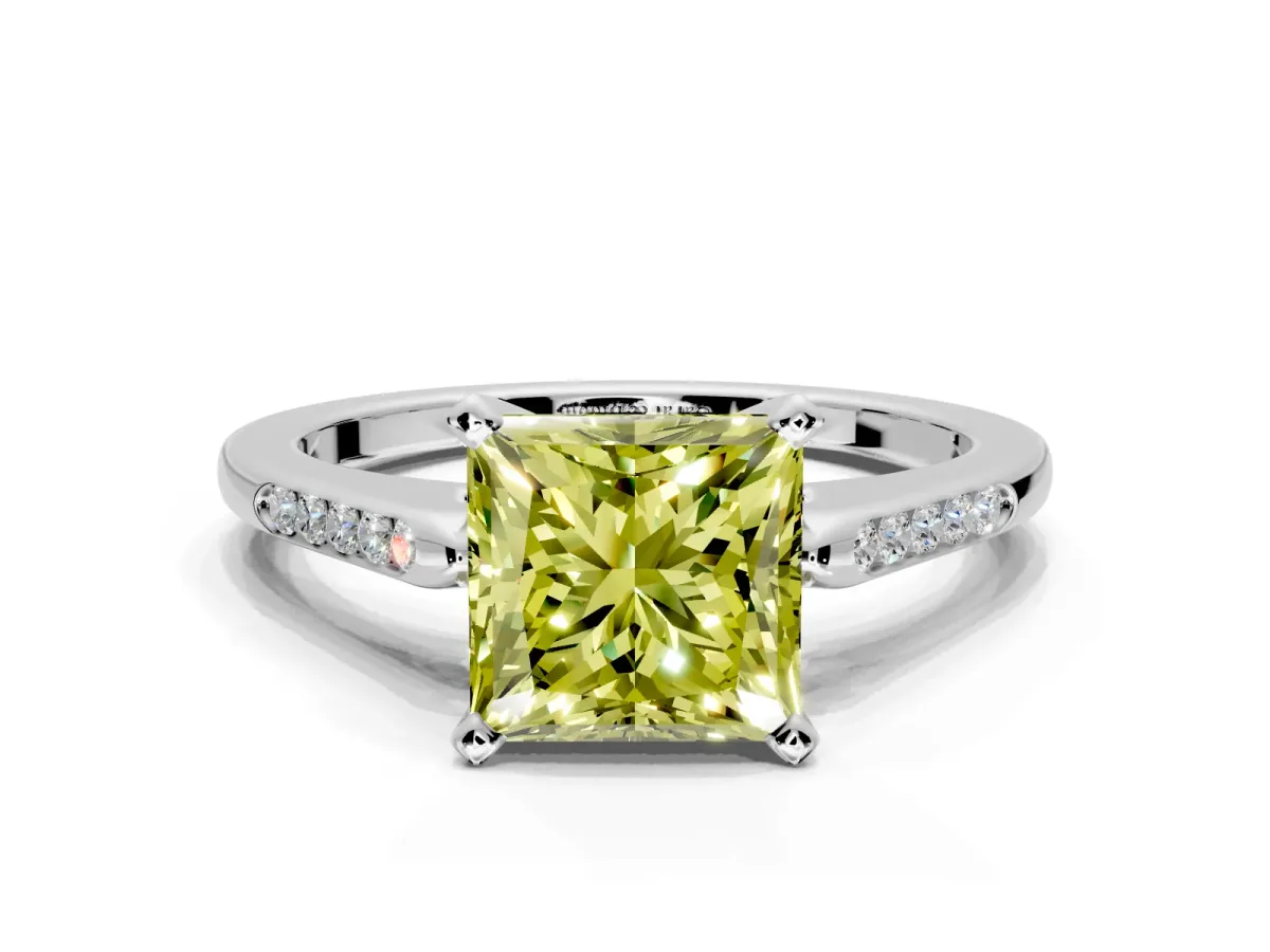 Solitaire Engagement Ring Setting for Fancy Yellow Princess Cut Center with Channel Accents and Prong Head in Platinum