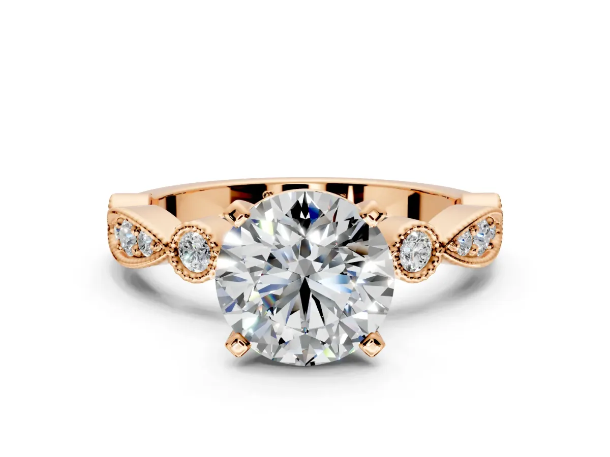 Solitaire Engagement Ring Setting for Round Cut Center with Milgrain Bezel Accents and Prong Head in Rose Gold