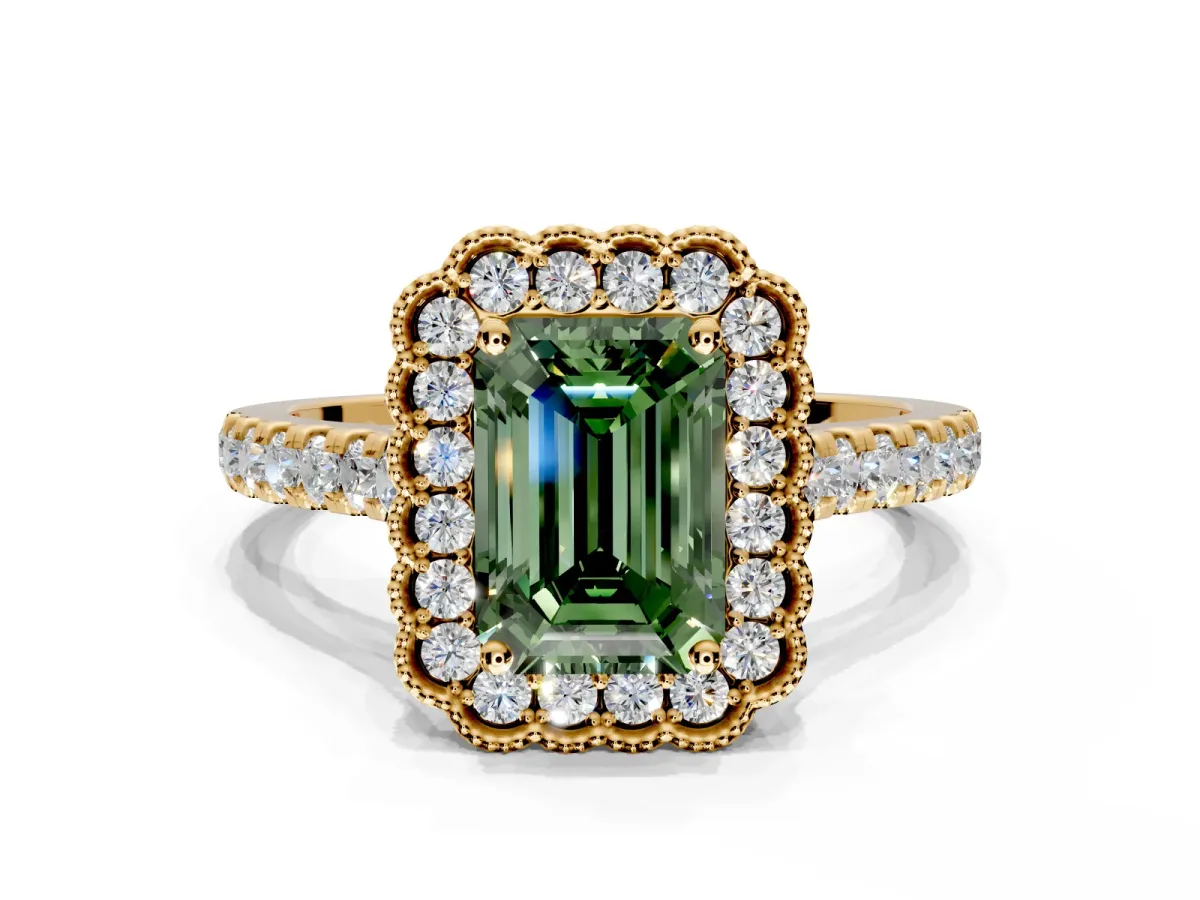 Milgrain Floral Halo Engagement Ring Setting for Fancy Green Emerald Cut Center with Pave Band and Prong Head in Yellow Gold