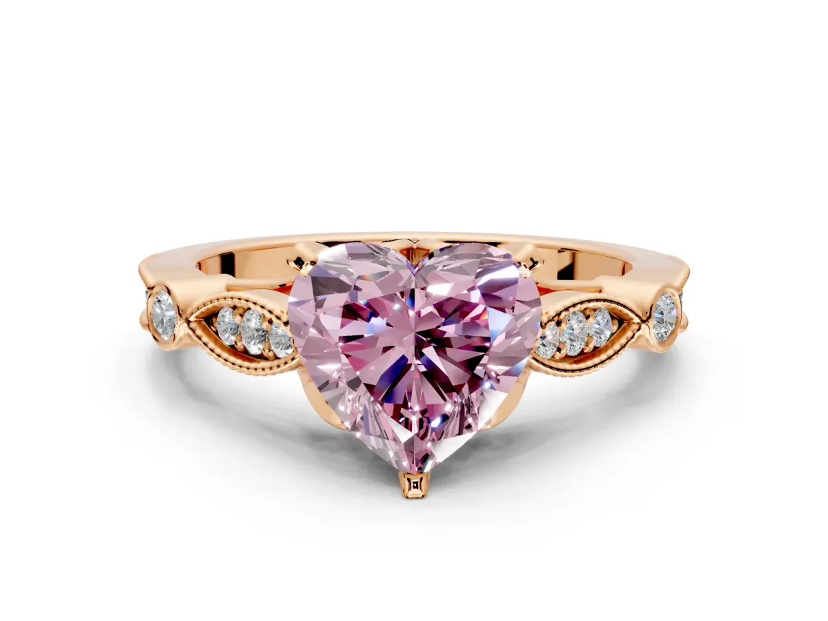 Solitaire Engagement Ring Setting for Fancy Pink Heart-Shaped Center with Marquise and Bezel Accents and Prong Head in Rose Gold