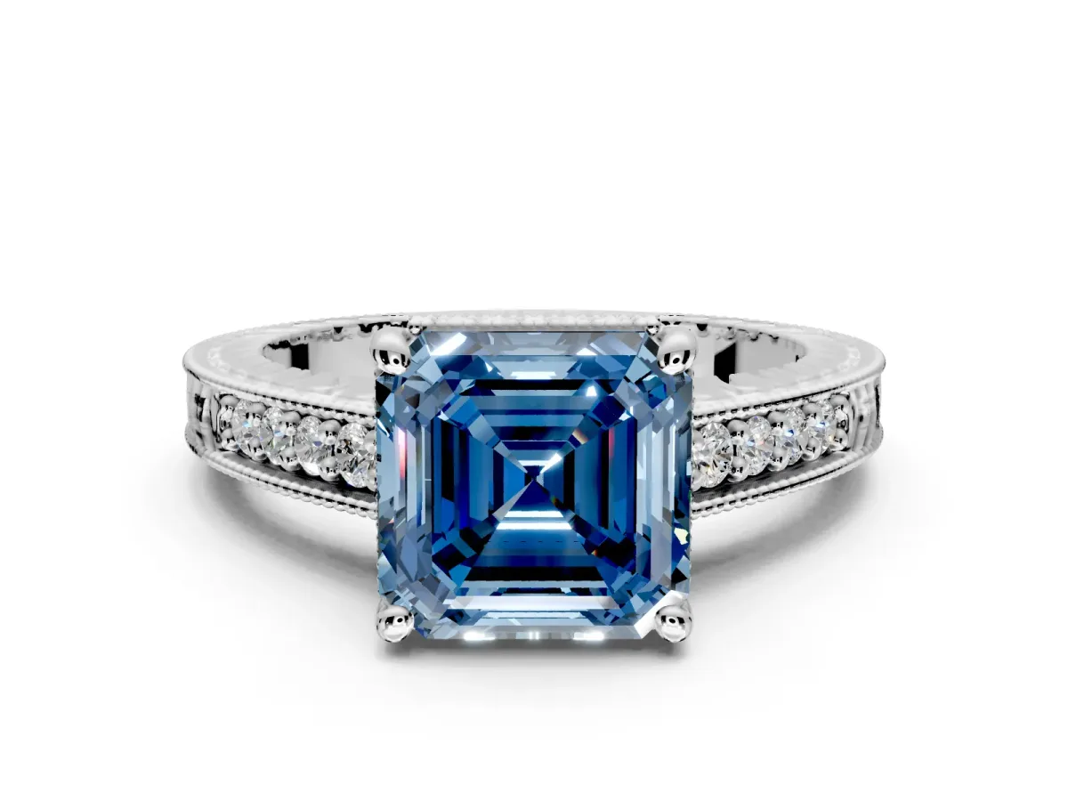 Engraved Engagement Ring Setting for Fancy Blue Asscher Cut Center with Milgrain Pave Band and Prong Head in Platinum
