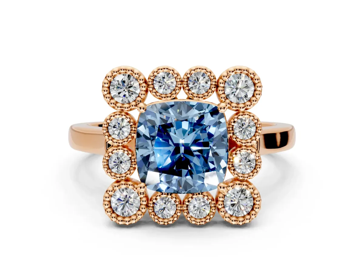 Cluster Halo Engagement Ring Setting for Fancy Blue Cushion Cut Center with Milgrain Bezel Accents and Prong Head in Rose Gold