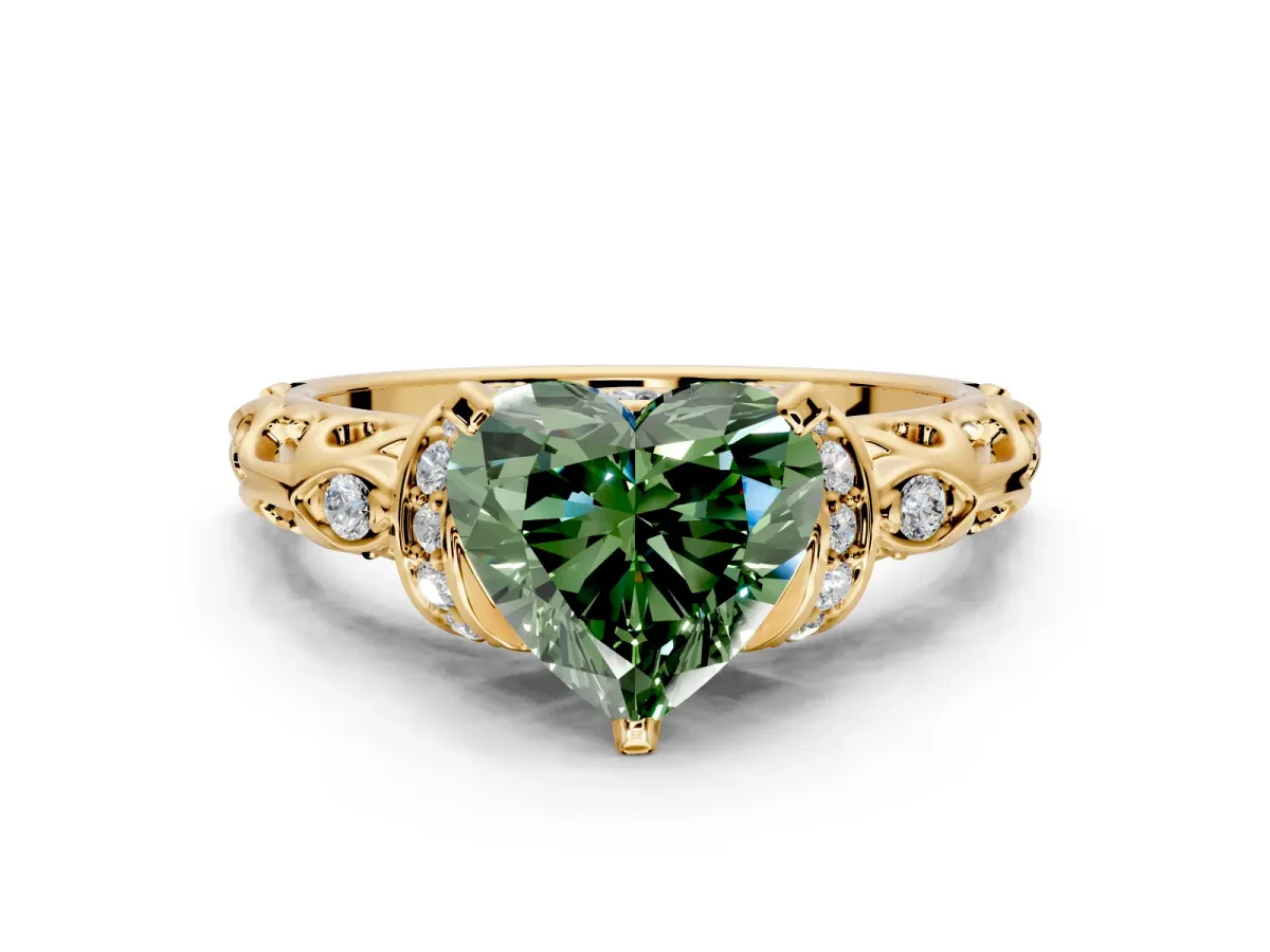 Solitaire Engagement Ring Setting for Fancy Green Heart-Shaped Center with Filigree Band and Prong Head in Yellow Gold