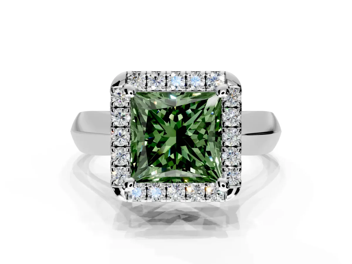 Halo Engagement Ring Setting for Fancy Green Princess Cut Center with Square Band and Prong Head in Sterling Silver