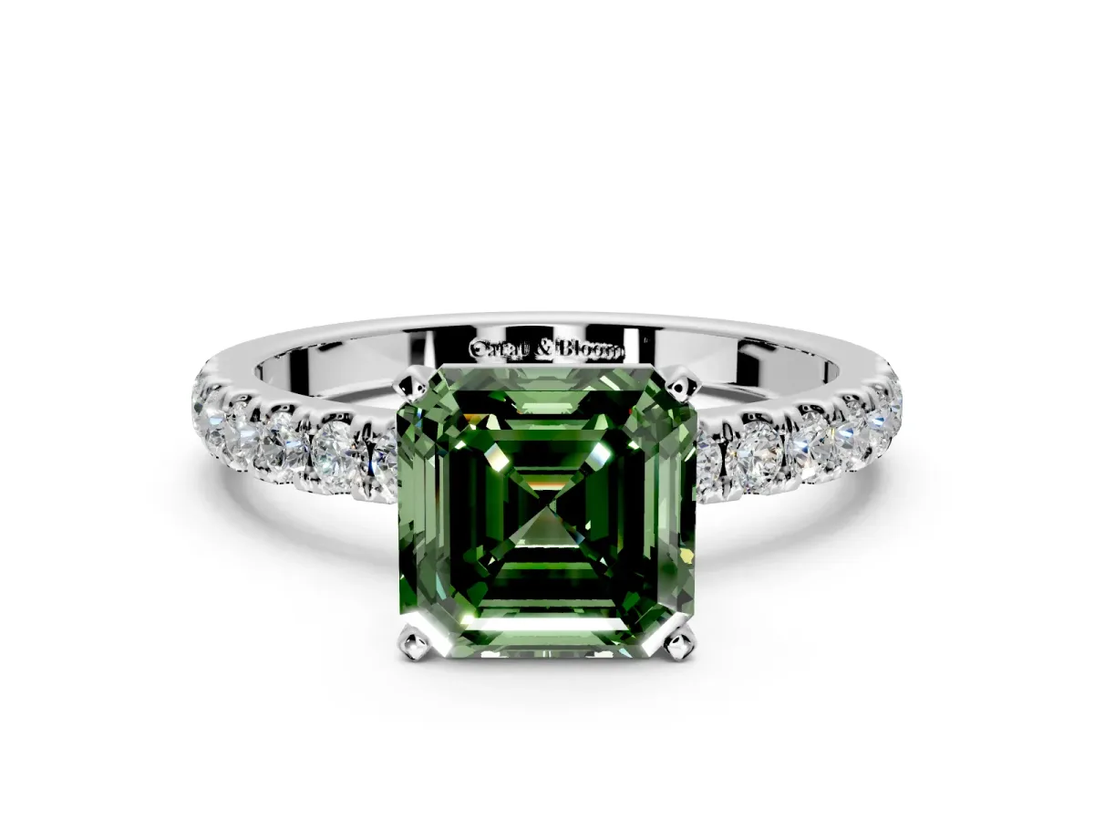Open Basket Engagement Ring Setting for Fancy Green Asscher Cut Center with Pave Band and Prong Head in Sterling Silver