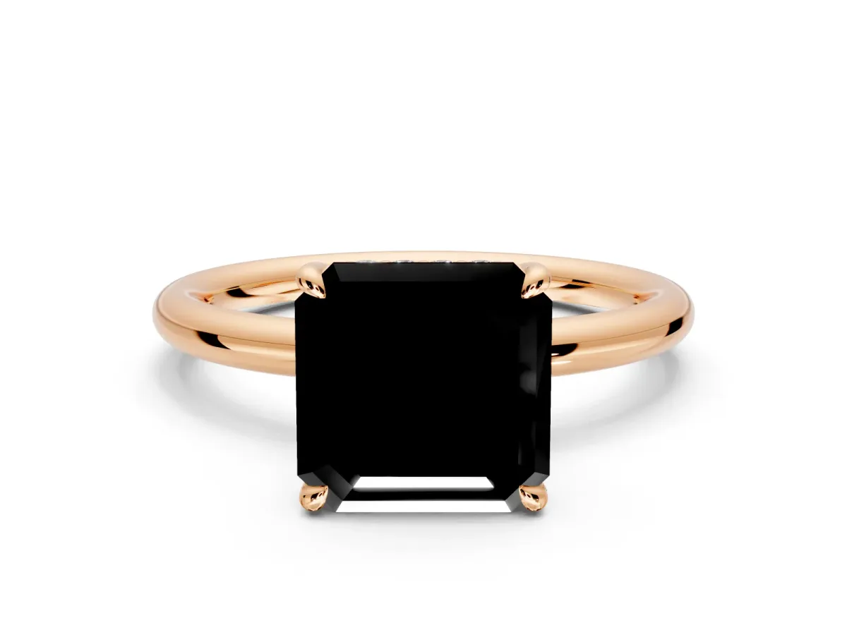 Hidden Halo Engagement Ring Setting for Fancy Black Asscher Cut Center with Thin Rounded Band and Prong Head in Rose Gold