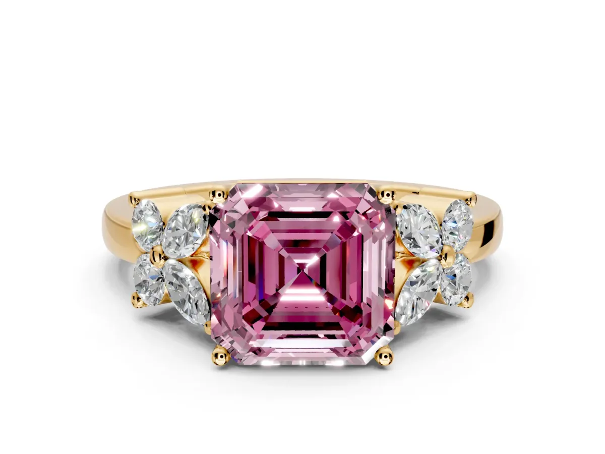 Floral Engagement Ring Setting for Fancy Pink Asscher Cut Center with Marquise Cluster Shoulders and Prong Head in Yellow Gold