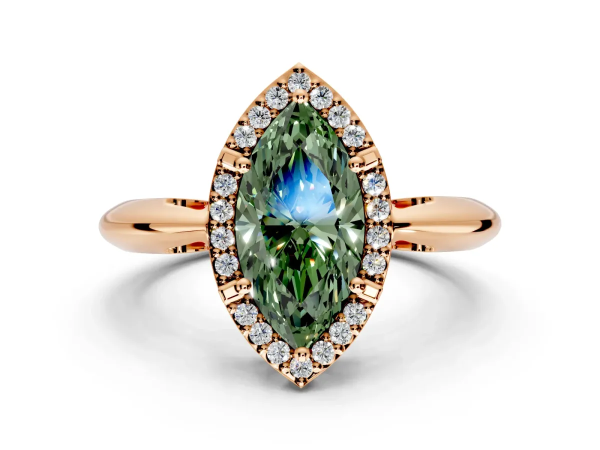 Halo Engagement Ring Setting for Fancy Green Marquise Center with Tapered Plain Band and Prong Head in Rose Gold