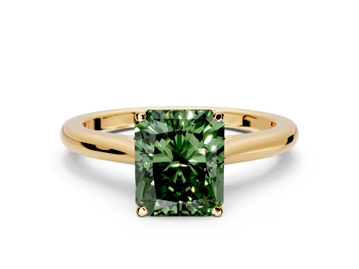 Solitaire Engagement Ring Setting for Fancy Green Radiant Cut Center with Narrow Cathedral Band and Prong Head in Yellow Gold