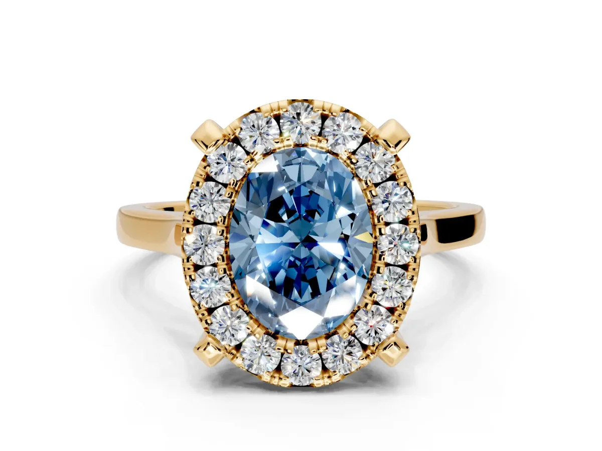 Single Halo Engagement Ring Setting for Fancy Blue Oval Center with Corner Claws, Plain Band and Prong Head in Yellow Gold