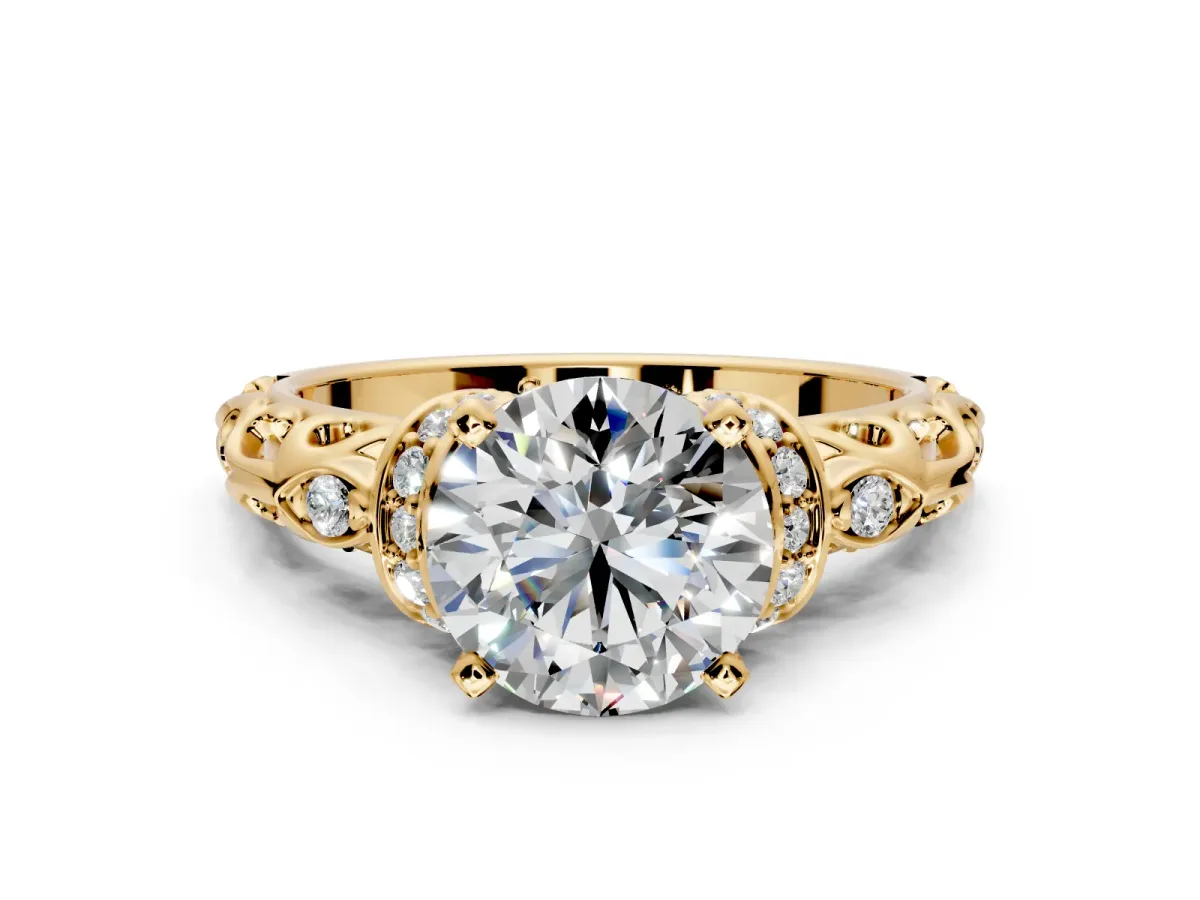 Solitaire Engagement Ring Setting for Round Cut Center with Filigree Band and Prong Head in Yellow Gold