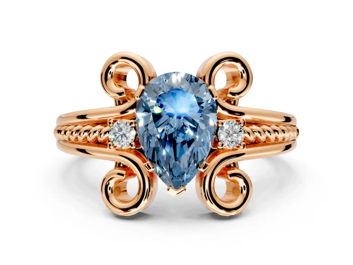 Solitaire Engagement Ring Setting for Fancy Blue Pear-Shaped Center with Twisted Band and Scroll Prong Head in Rose Gold