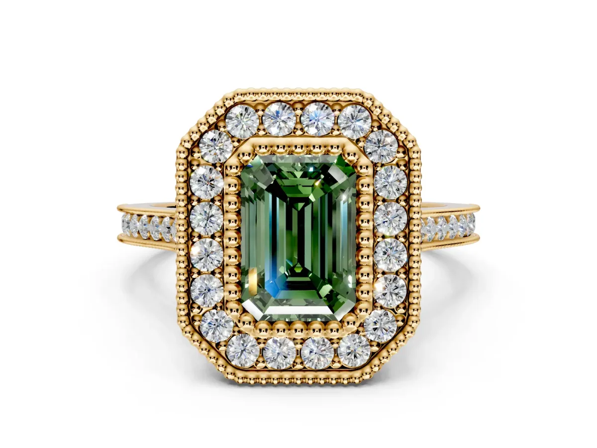 Halo Engagement Ring Setting for Fancy Green Emerald Cut Center with Milgrain Frame, Pave Band and Prong Head in Yellow Gold