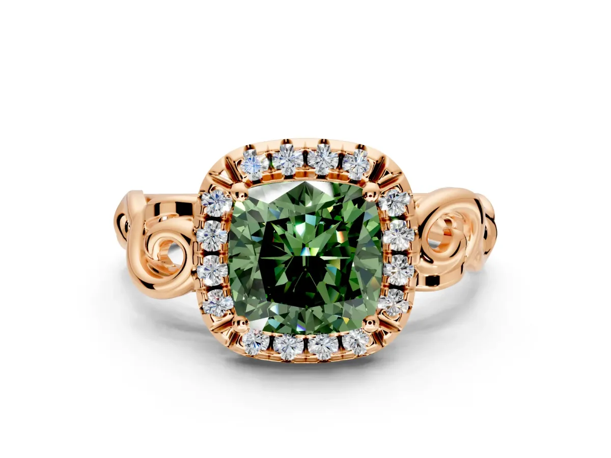 Halo Engagement Ring Setting for Fancy Green Cushion Cut Center with Open Scroll Shoulders and Prong Head in Rose Gold