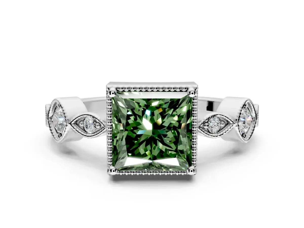 Vintage Station Engagement Ring Setting for Fancy Green Princess Cut Center with Accents and Prong Head in Sterling Silver