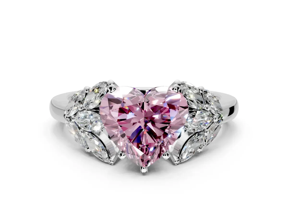 Leaf Cluster Engagement Ring Setting for Fancy Pink Heart-Shaped Center with Marquise Accents and Prong Head in Sterling Silver
