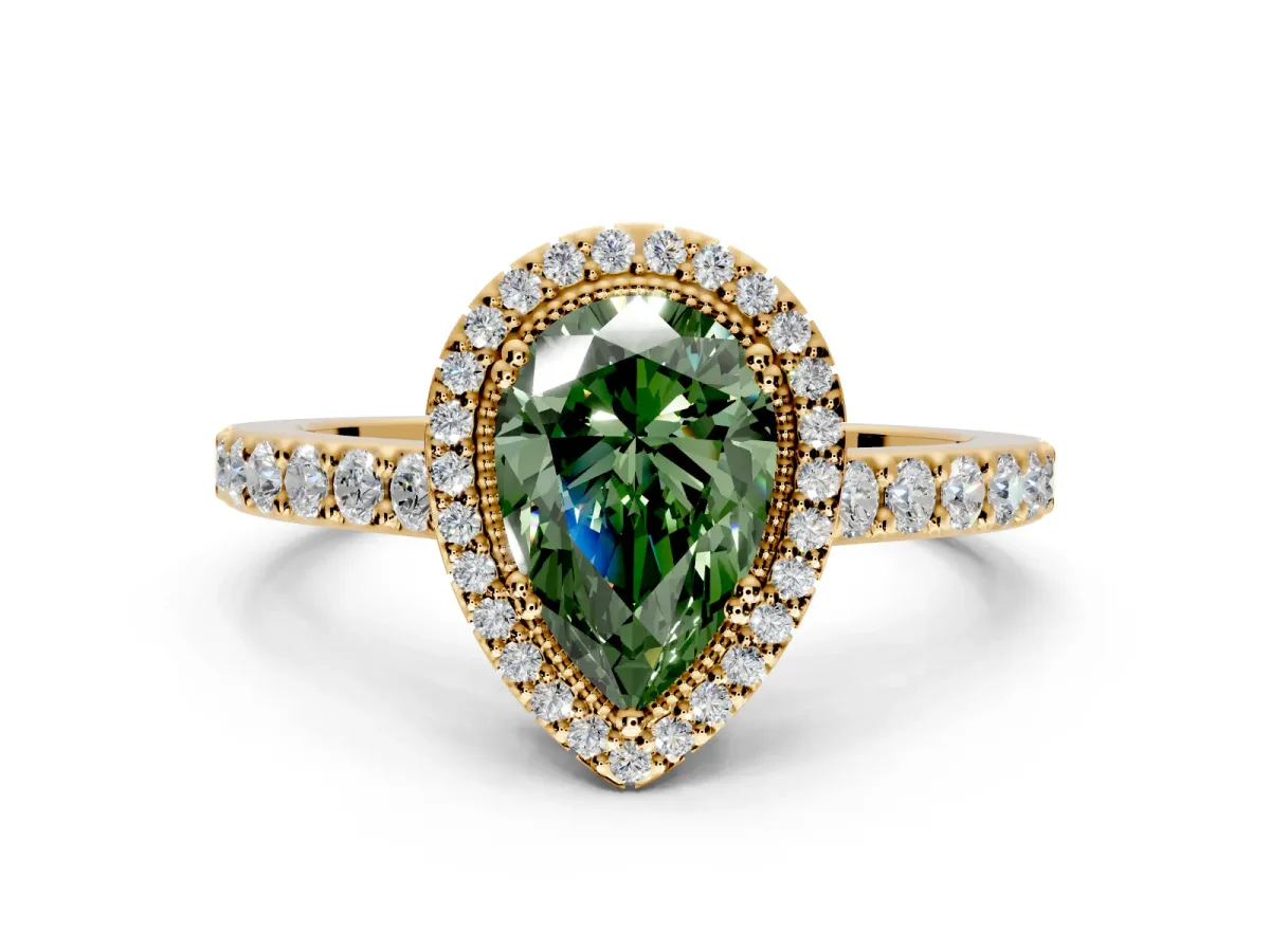 Halo Engagement Ring Setting for Fancy Green Pear-Shaped Center with Inner Milgrain Border and Prong Head in Yellow Gold