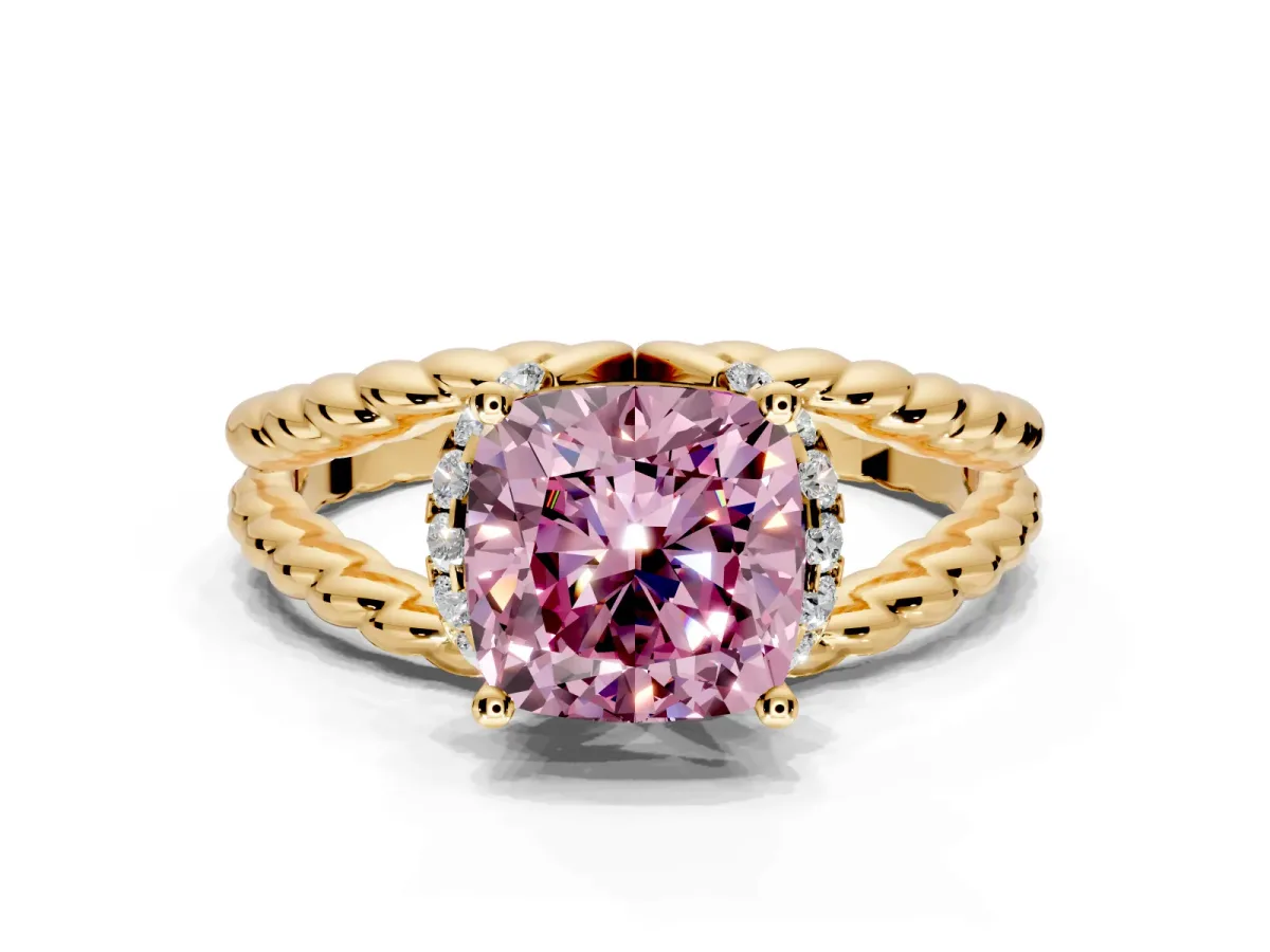 Halo Engagement Ring Setting for Fancy Pink Cushion Cut Center with Rope Twist Split Shank and Prong Head in Yellow Gold
