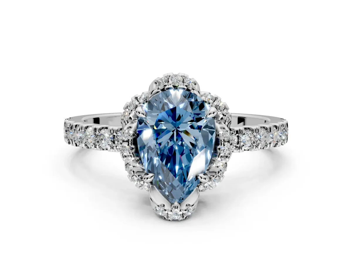 Halo Engagement Ring Setting for Fancy Blue Pear-Shaped Center with Openwork Halo, Pave Band and Prong Head in Platinum