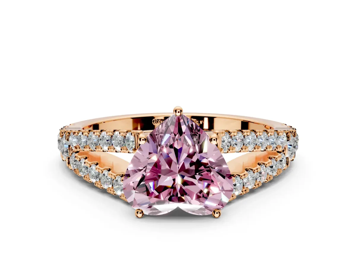 Solitaire Engagement Ring Setting for Fancy Pink Heart-Shaped Center with Pave Split Shank and Prong Head in Rose Gold