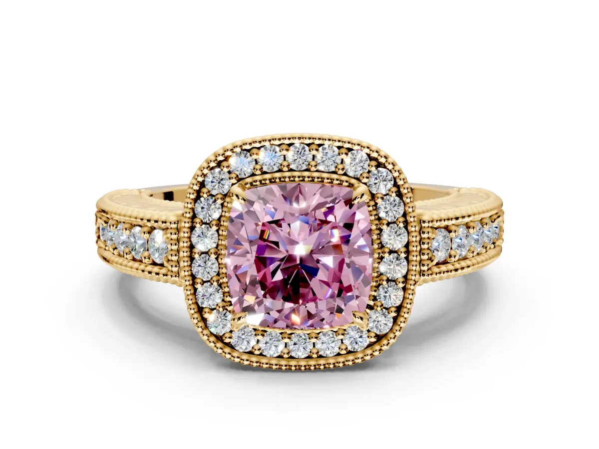 Milgrain Halo Engagement Ring Setting for Fancy Pink Cushion Cut Center with Pave Band and Prong Head in Yellow Gold