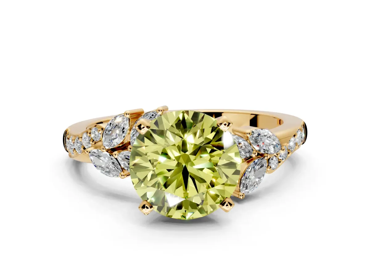 Solitaire Engagement Ring Setting for Fancy Yellow Round Cut Center with Marquise Accent Twist Band and Prong Head in Yellow Gold