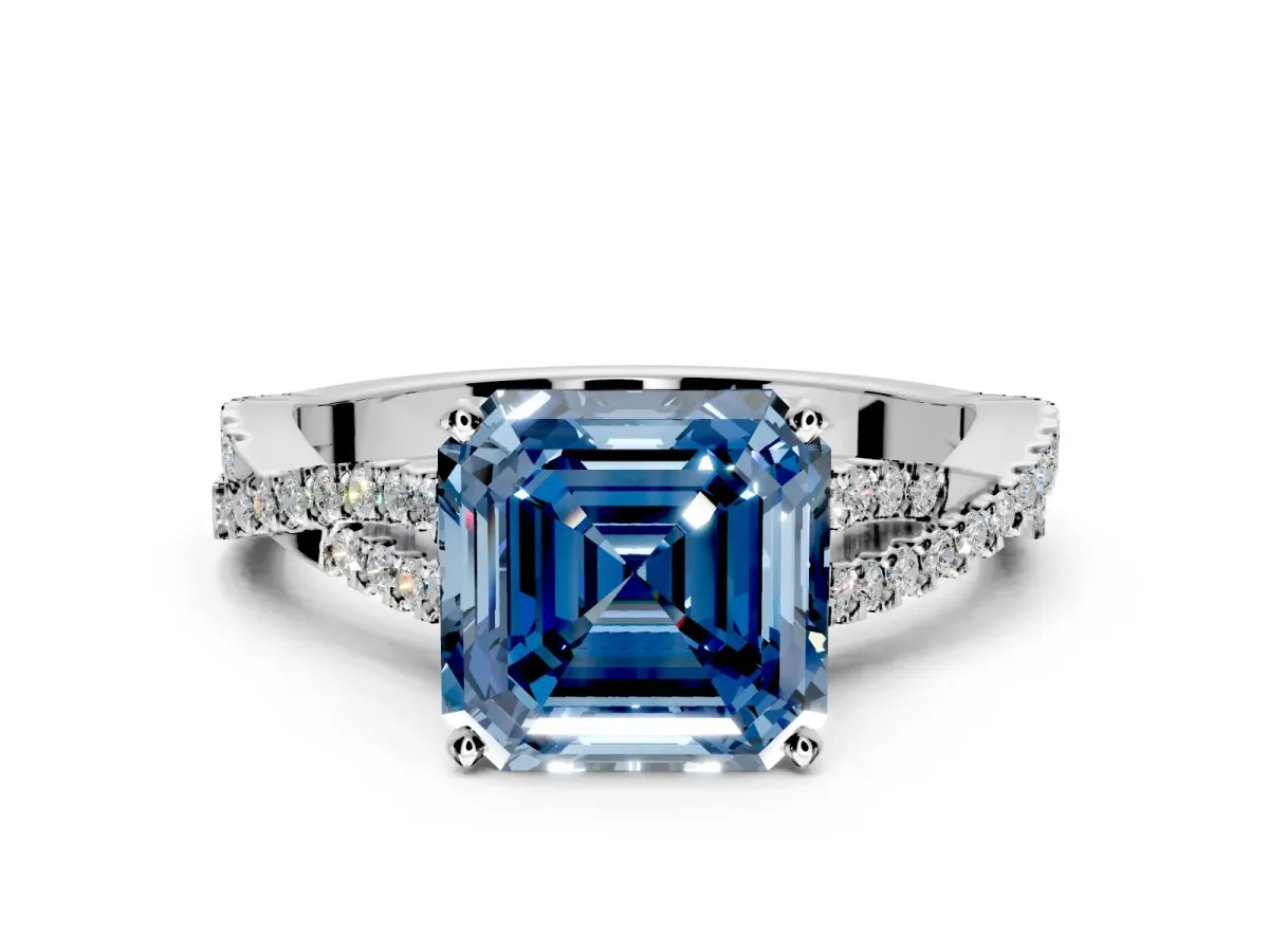Solitaire Engagement Ring Setting for Fancy Blue Asscher Cut Center with Twisted Pave Split Shank and Prong Head in Platinum