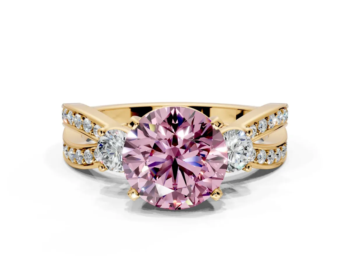 3 Stone Engagement Ring Setting for Fancy Pink Round Cut Center with Pave Twist Band and Prong Head in Yellow Gold