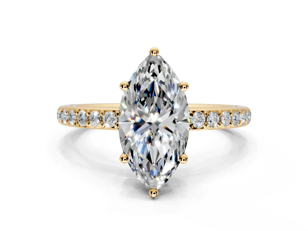 Solitaire Engagement Ring Setting for Marquise Center with Fine Pave Band and Prong Head in Yellow Gold