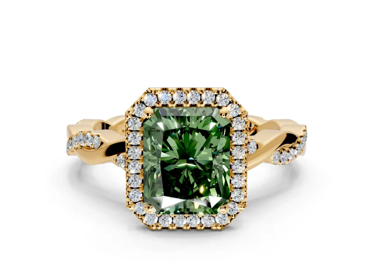 Halo Engagement Ring Setting for Fancy Green Radiant Cut Center with Pave and Plain Twist Band and Prong Head in Yellow Gold