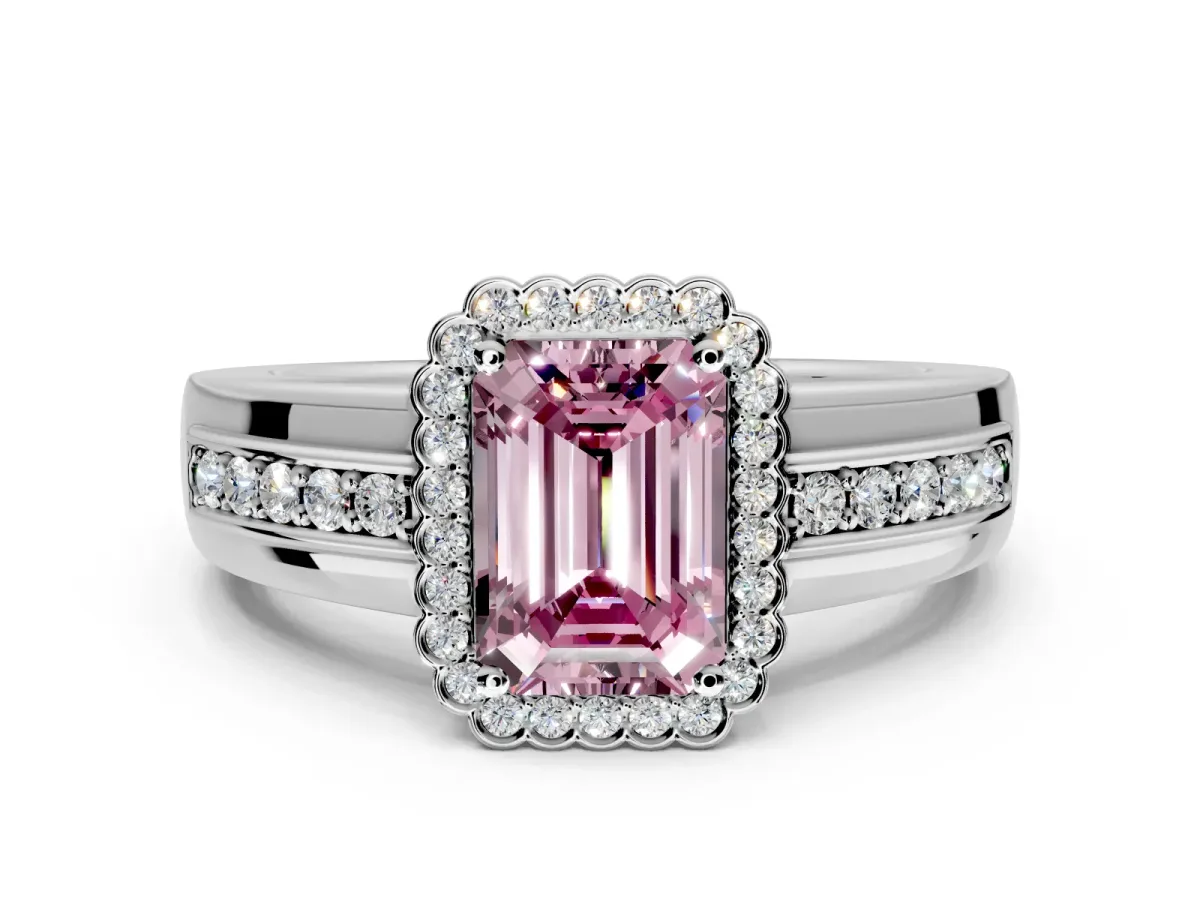 Halo Engagement Ring Setting for Fancy Pink Emerald Cut Center with Wide Band, Inlaid Accent Row and Prong Head in Platinum