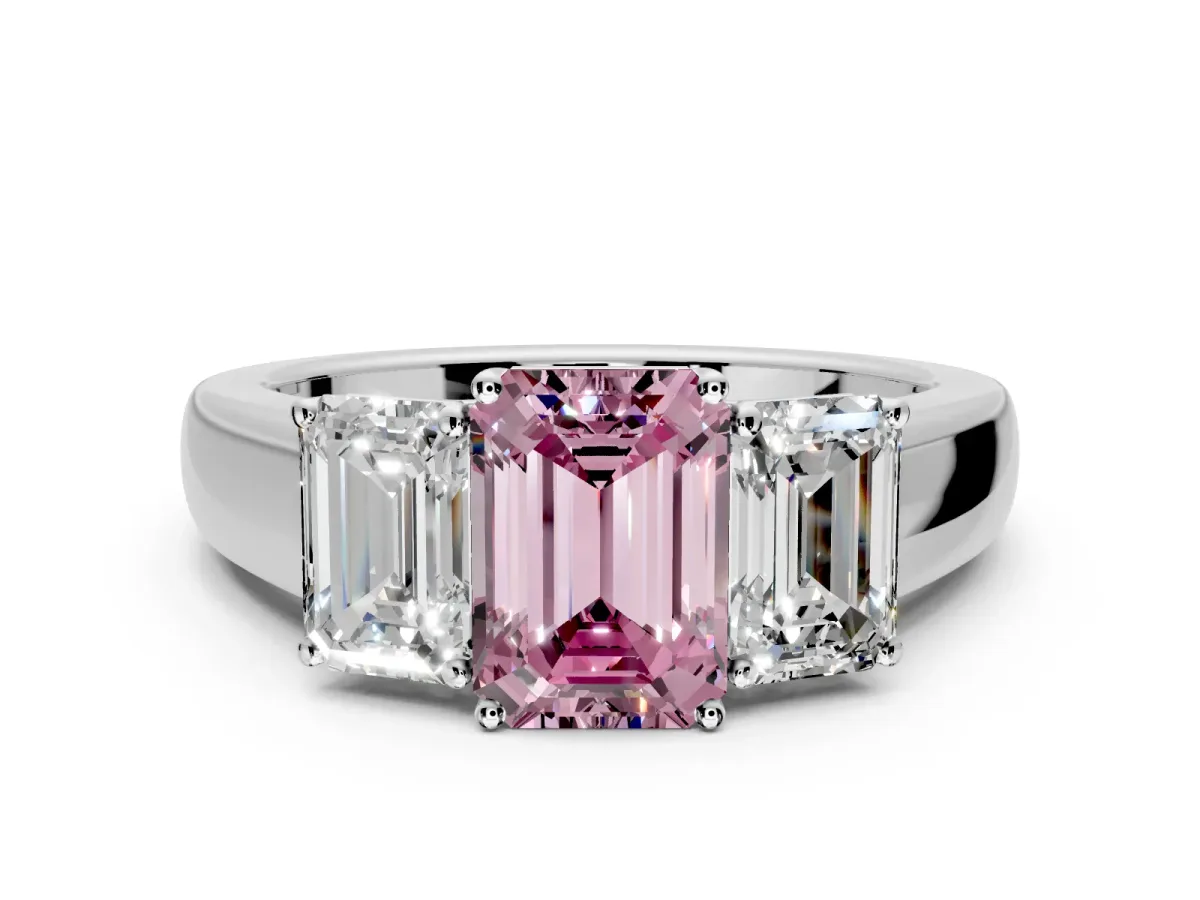 3 Stone Engagement Ring Setting for Fancy Pink Emerald Cut Center with Raised Basket Heads and Prong Head in Platinum