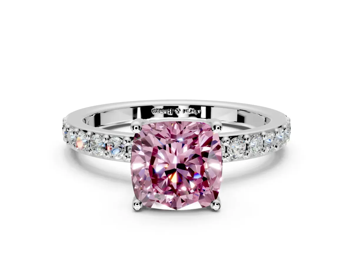Solitaire Engagement Ring Setting for Fancy Pink Cushion Cut Center with Round Cut Pave Band and Prong Head in Sterling Silver