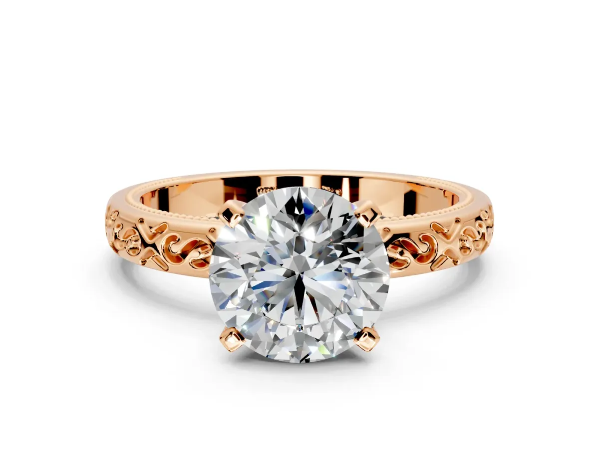 Solitaire Engagement Ring Setting for Round Cut Center with Scrollwork Band and Prong Head in Rose Gold