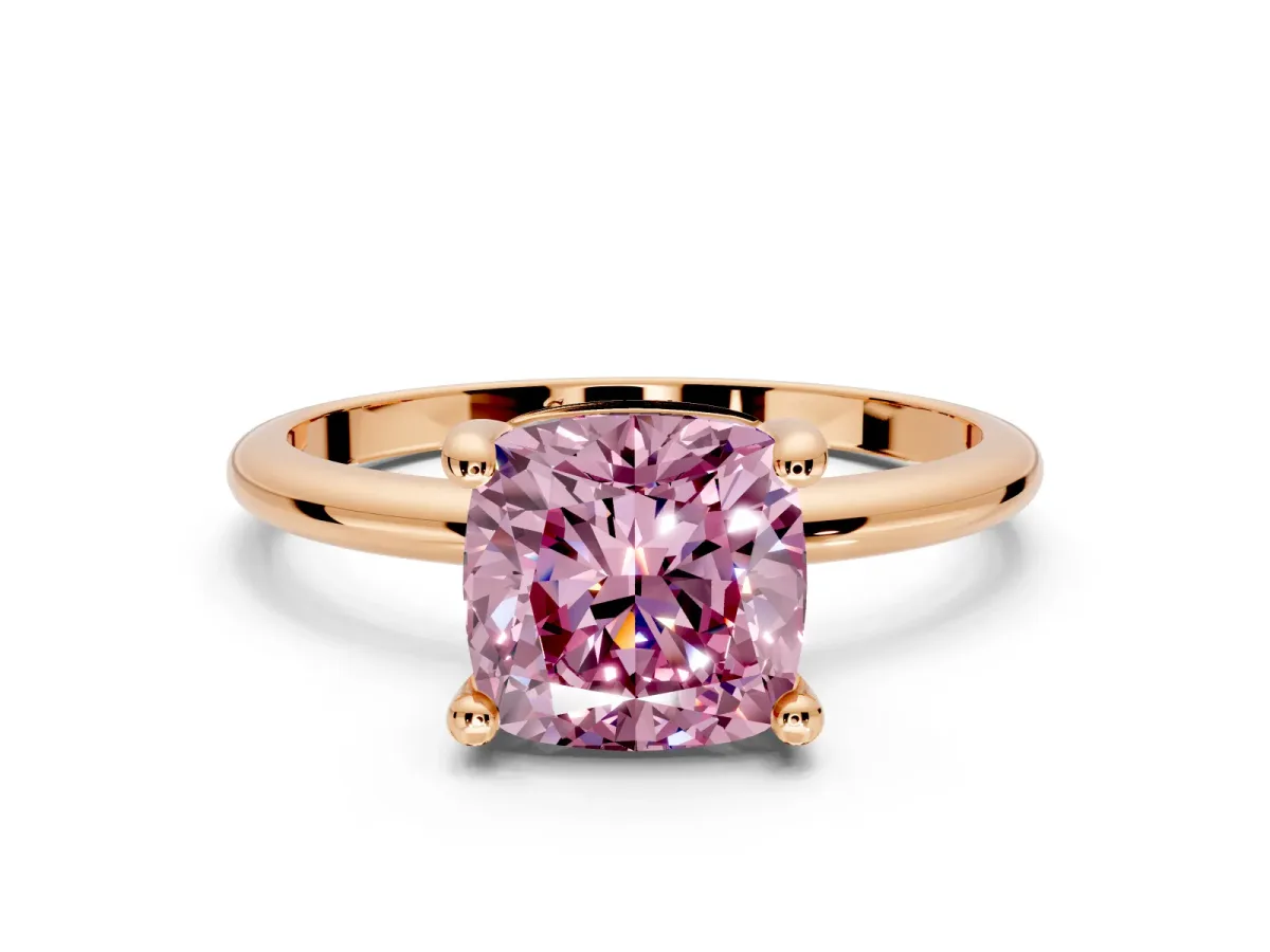 Minimalist Solitaire Engagement Ring Setting for Fancy Pink Cushion Cut Center with Thin Band and Prong Head in Rose Gold