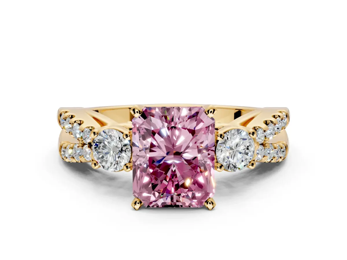 3 Stone Engagement Ring Setting for Fancy Pink Radiant Cut Center with Pave Split Shank and Prong Head in Yellow Gold
