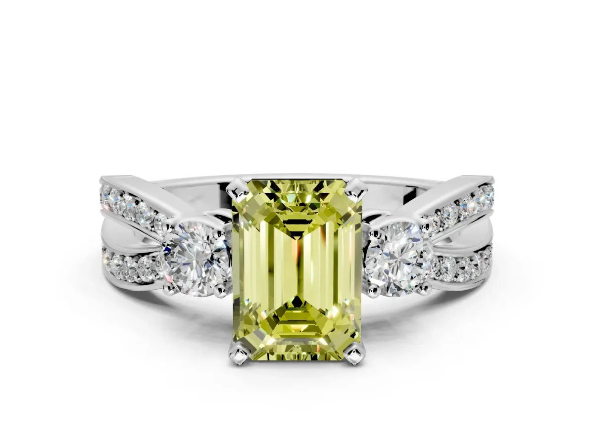 3 Stone Engagement Ring Setting for Fancy Yellow Emerald Cut Center with Pave Twist Band and Prong Head in White Gold