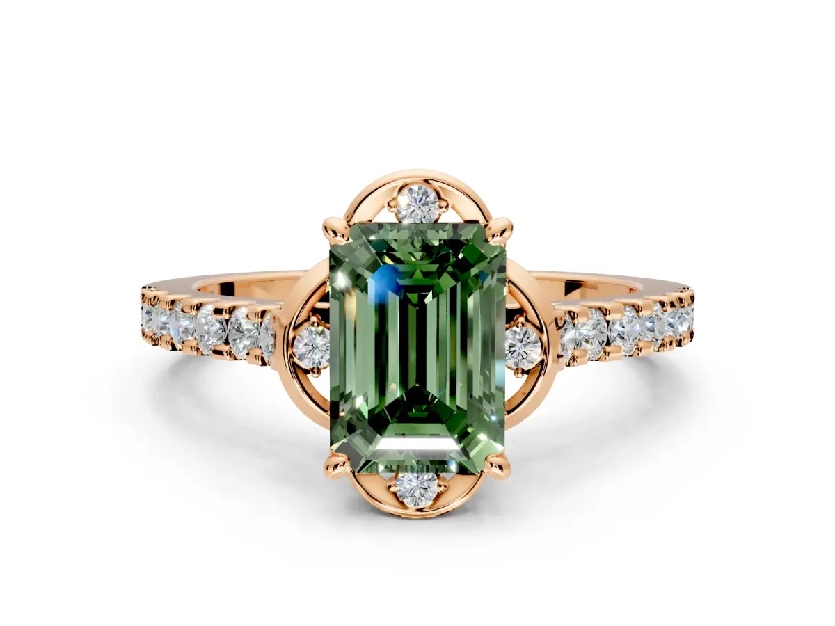 Floral Engagement Ring Setting for Fancy Green Emerald Cut Center with Pave Band and Floral Prong Head in Rose Gold