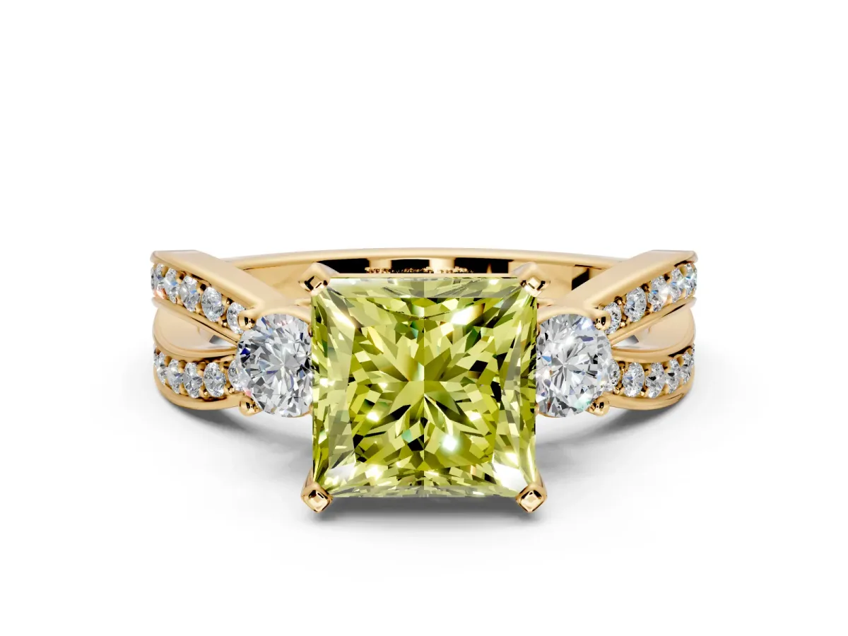 3 Stone Engagement Ring Setting for Fancy Yellow Princess Cut Center with Pave Twist Band and Prong Head in Yellow Gold