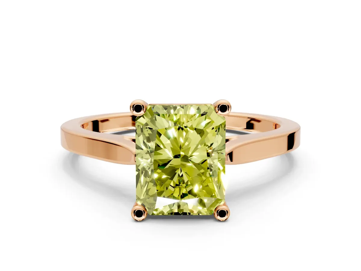 Solitaire Engagement Ring Setting for Fancy Yellow Radiant Cut Center with Tapered Shoulders and Prong Head in Rose Gold