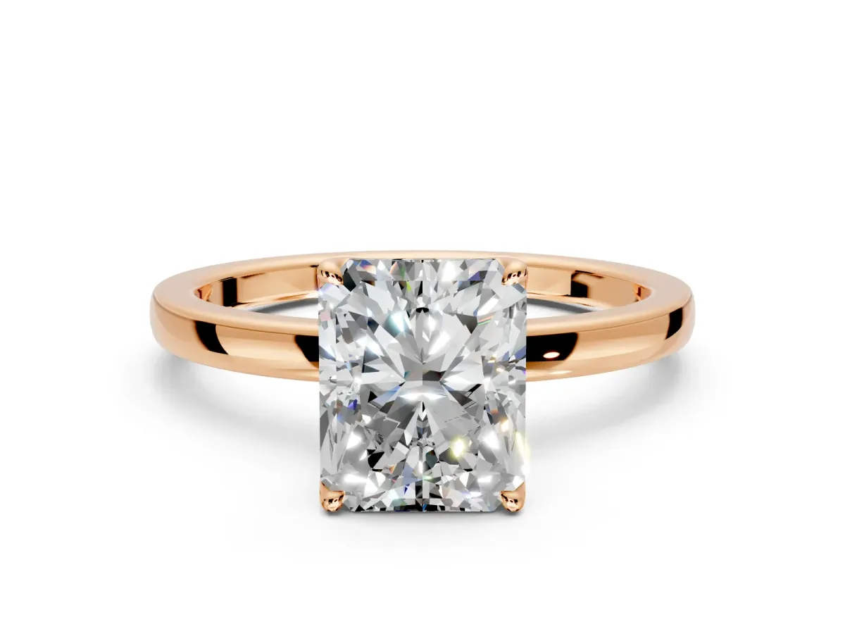 Solitaire Engagement Ring Setting for Radiant Cut Center with Thin Rounded Plain Band and Prong Head in Rose Gold