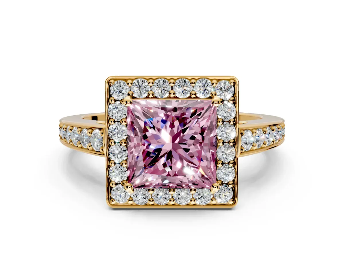 Bezel-Framed Halo Engagement Ring Setting for Fancy Pink Princess Cut Center with Pave Band and Prong Head in Yellow Gold